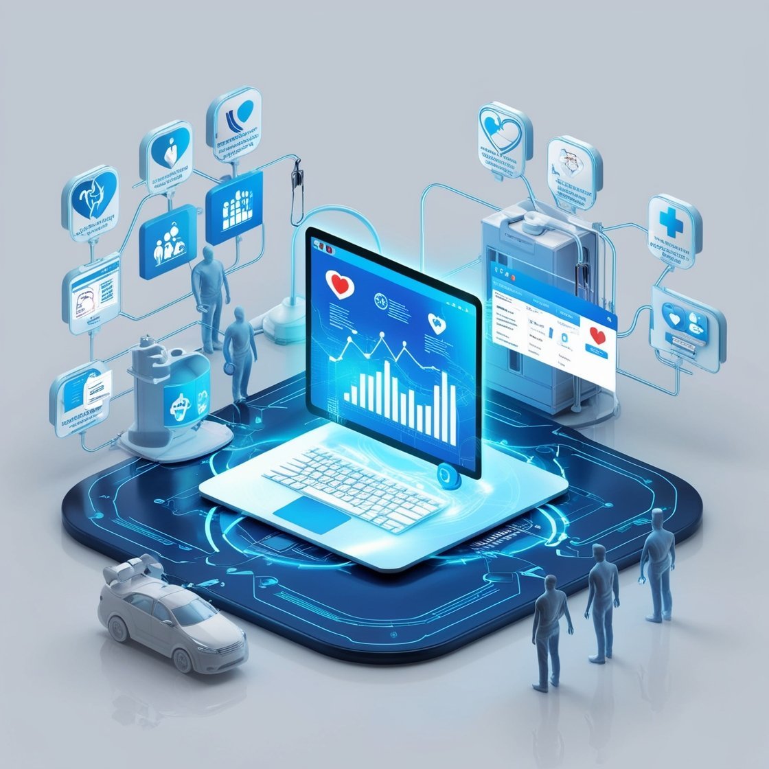 Futuristic digital healthcare environment showcasing a CRM dashboard with medical icons, representing patient management, data insights, and IT solutions.